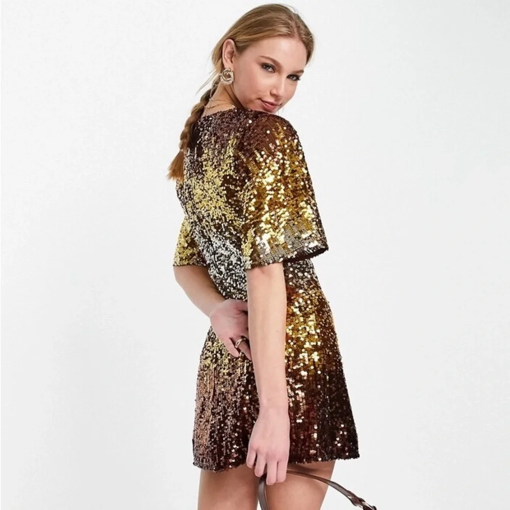 FRENCH CONNECTION Estari Sequin Cutout Gold Ombré Mini Dress - Size 2 - Picture 4 of 15